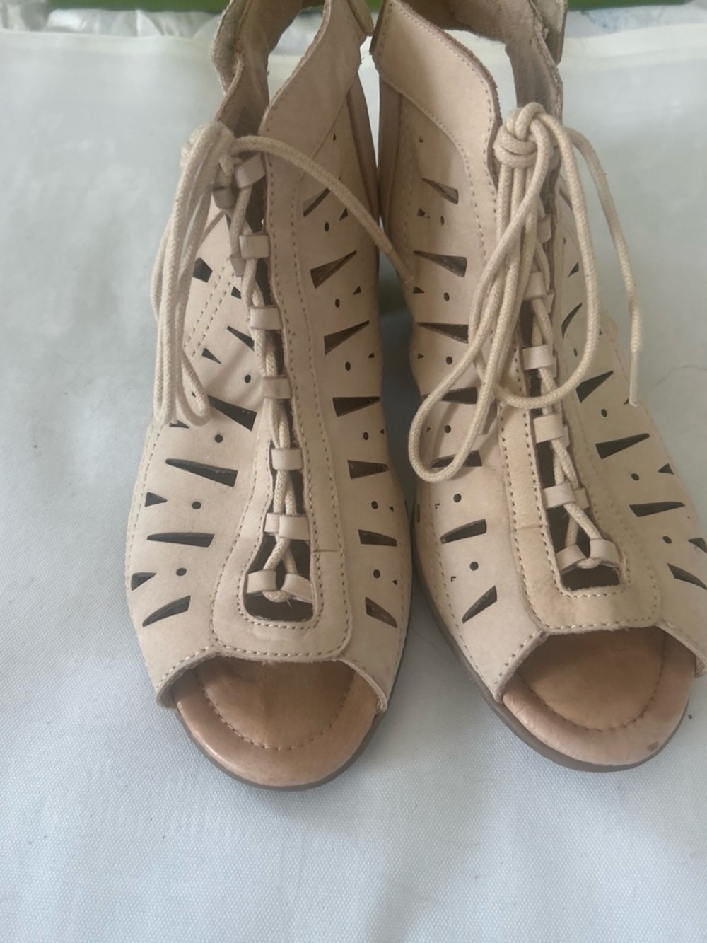 Earth Beige Lace-Up Cutout Heeled Sandals - Picture 2 of 4